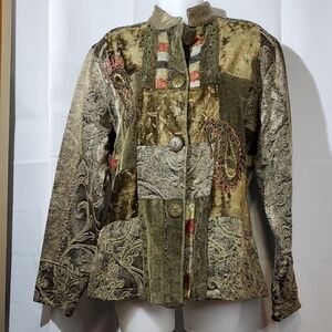 Vintage Flashback Patchwork Jacket with Jacquard and Velvet Paisley Design - L